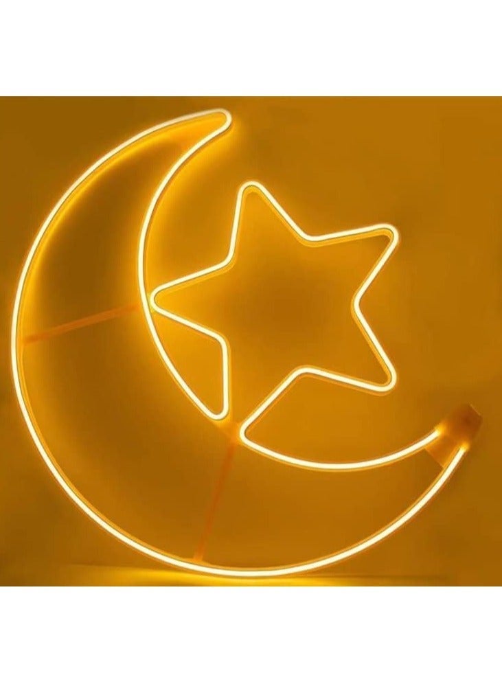 Ramadan Neon LED Light Crescent Moon and Star - Warm White, 60x52x2.2cm, Decoration for Home, Restaurants, Mosques, Hotels - Image 1